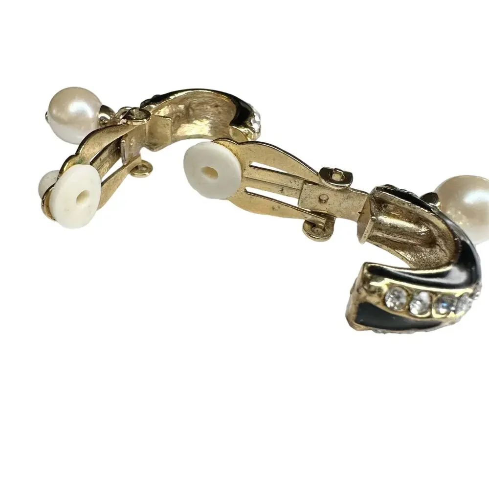 Vintage goldtone, black enamel, rhinestones, and faux pearl clip-on earrings